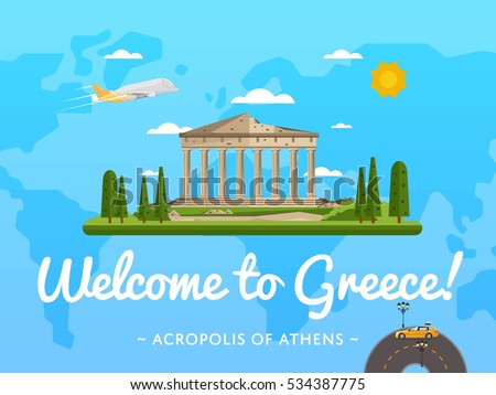 Welcome to Greece poster with famous attraction vector illustration. Travel design with Parthenon temple on Acropolis. Famous architectural landmark and worldwide traveling, tourist agency banner