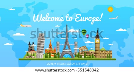 Welcome to Europe poster with famous attractions vector illustration. Travel concepr with Eiffel Tower, Leaning Tower, Big Ben, Kremlin, Coliseum. Time to travel, worldwide traveling, cityscape design