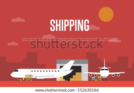 Commercial air shipping service banner vector illustration. Forklift truck loading cargo jet airplane and freight truck in airport terminal. Delivery transportation company, worldwide cargo airlines