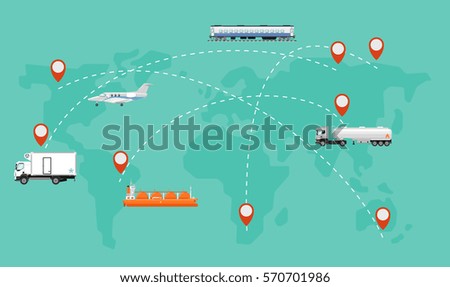 Air cargo trucking, rail transportation, maritime shipping vector illustration. International logistic company worldwide operations with cargo distribution shipment and transportation. Global network