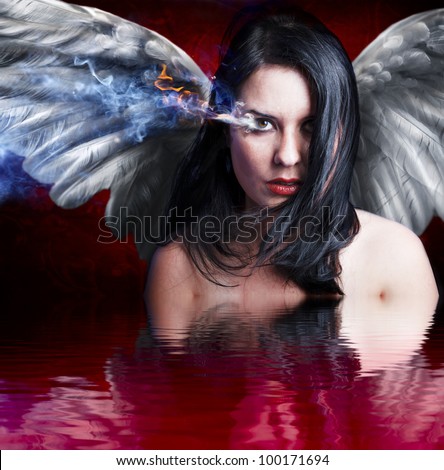 Angel angry, girl with burning eye over blood water reflection