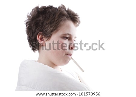 Young patient with fever in profile, with digital thermometer and white blanket