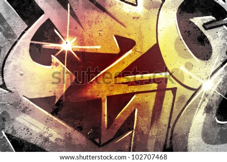 Graffiti over old dirty wall, urban hip hop background Gray texture painted with bright colorful