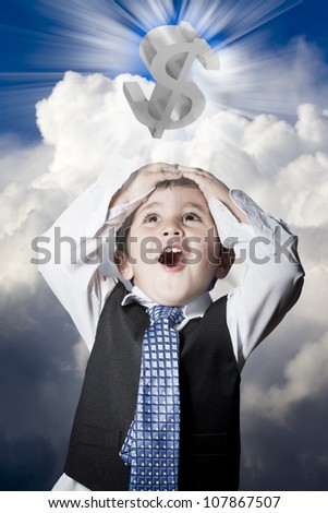 child dressed like businessman with hands on head and dollar sign