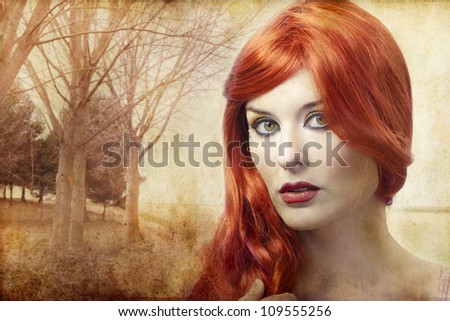 beautiful redheaded woman on a background of forest, Renaissance