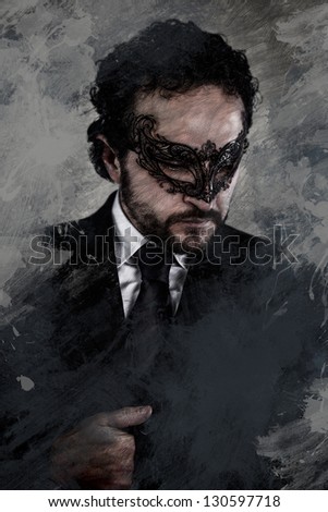 Artistic image of Venetian masked mystery man and elegant black suit