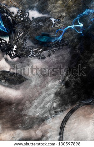 Artistic hieratic and beautiful woman with Venetian mask, blue smoke coming out of the eyes