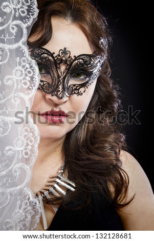 Hiding bride, Wedding decoration, Fine-art portrait of elegant girl in venetian mask