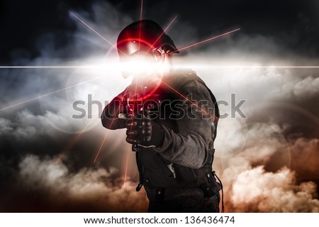 Soldier Aiming Assault Rifle Laser Sight