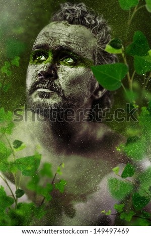 Hero, fantasy image, ancient gods, warrior in green forest