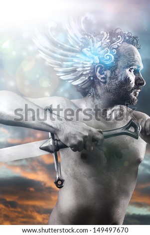 Hero, fantasy image, ancient gods with sword, classic style with blue light effects