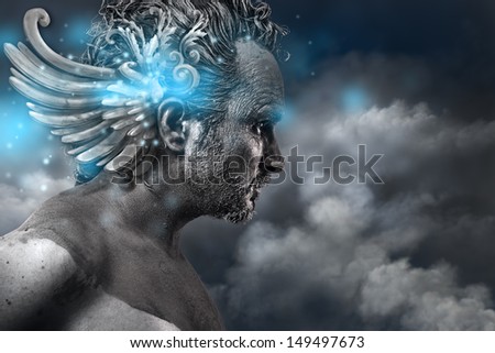 Ancient hero, fantasy image, ancient gods classic style with blue light effects