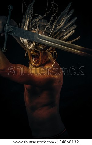 Courage, warrior or ancient god with golden mask and sword greatsword