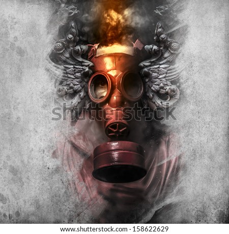 Toxic. A man in a gas mask in the smoke. artistic background