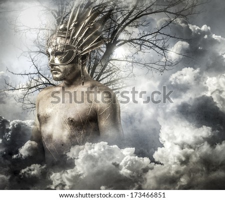 Greek Olympian god, deity, concept, man with golden mask