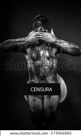 concept of censorship, blindfolded man covering his eyes, mouth and ears