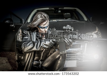 Dangerous woman dressed in black latex, armed with gun. comic style