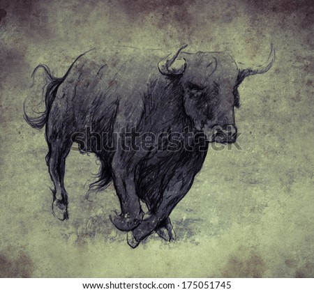 Sketch made with digital tablet, bull running