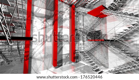 Red columns. Modern industrial interior, stairs, clean space in industry building