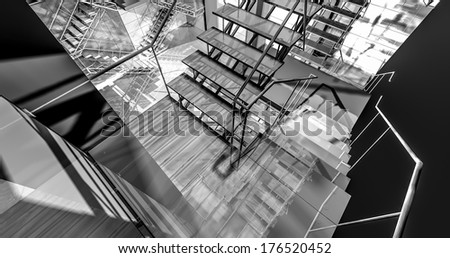 floor. Modern industrial interior, stairs, clean space in industry building