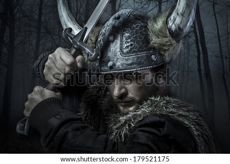 Viking warrior, male dressed in Barbarian style with sword, bearded