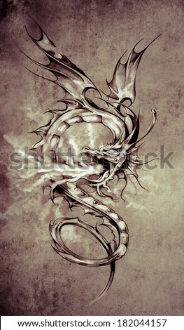 Sketch of tattoo art stylish dragon illustration on vintage paper handmade illustration Sketch of tattoo art stylish dragon illustration on vintage paper handmade illustration