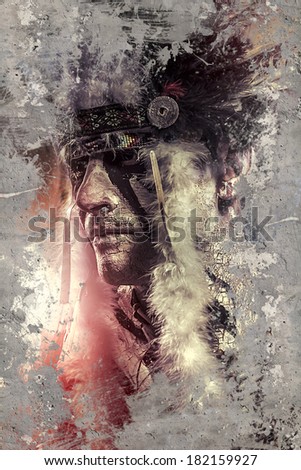 American Indian warrior, chief of the tribe. man with feather headdress and tomahawk