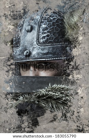 Viking warrior with helmet over vintage textured background