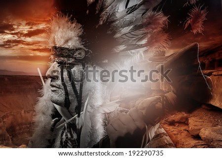 Native american indian chiet at sunset
