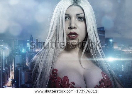 Beautiful young girl on background of city at night, party, freedom