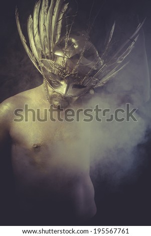 Nightmare, golden deity, man with wings and gold helmet