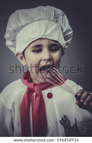 cute child dress funny chef, cooking utensils