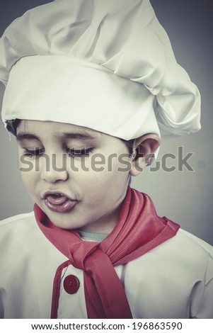 cheerful child dress funny chef, cooking utensils
