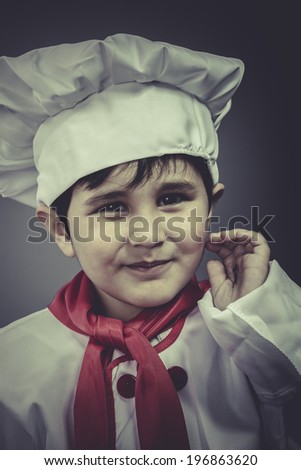dinner, child dress funny chef, cooking utensils