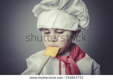 eating child dress funny chef, cooking utensils
