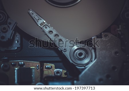 pc, mechanism inside hard disk with fiber optic lights