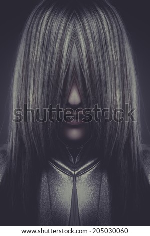 Serious blond, concept future and modernity, young girl with hair in her face