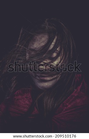 Shock, Young girl with hair flying, concept nightmares