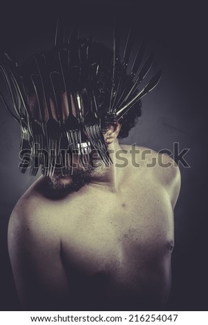 knife, Man with helmet made of forks and knives, concept