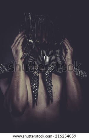 knife, Man with helmet made of forks and knives, concept