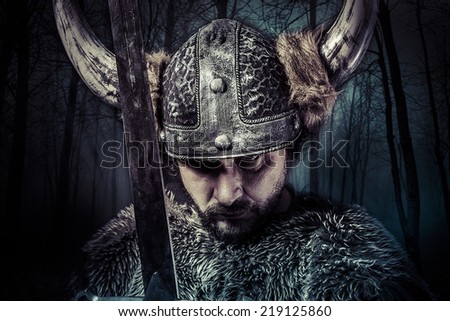 Sword, Viking warrior with helmet over vintage textured background