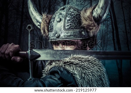 Defense, Viking warrior, male dressed in Barbarian style with sword, bearded