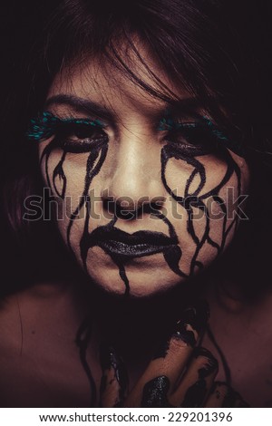 depression concept, crying woman with tears and makeup dark light
