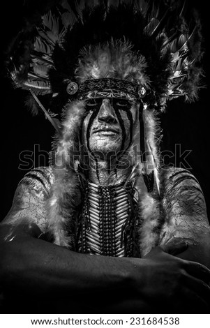 warrior Native, American Indian chief with big feather headdress