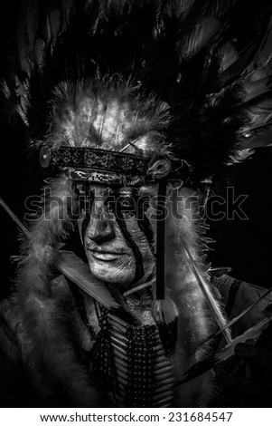 tribal Native, American Indian chief with big feather headdress