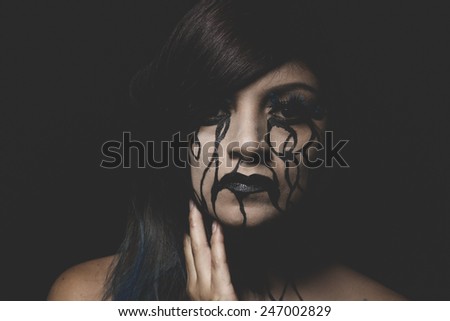 crying, representation of sadness, beautiful woman with painted tears on the face