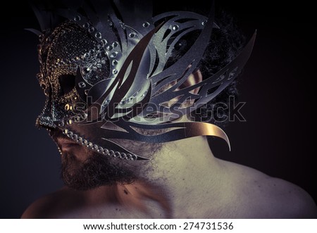 Gold, Treasure, jewels and silver. Man with mask of precious metals