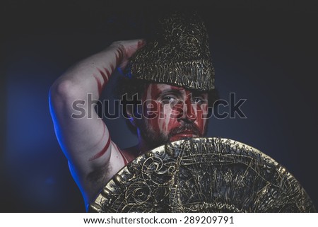 bearded man warrior with metal helmet and shield, wild Viking
