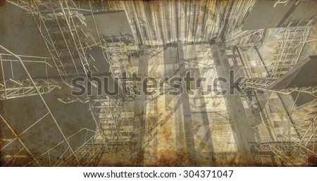 Station. Modern industrial interior, stairs, clean space in industry building, background textured