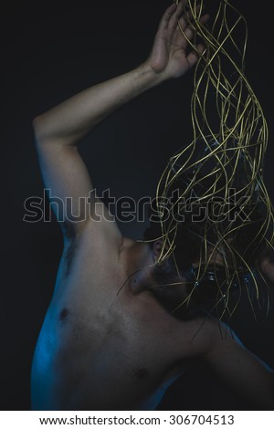attack, depression and anxiety, naked man with a crown of thorns on his head